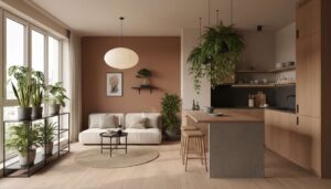 To mieszkanie ma 62 m². We wnętrzu styl japandi, zieleń i sprytny pomysł na mały salon z kuchnią